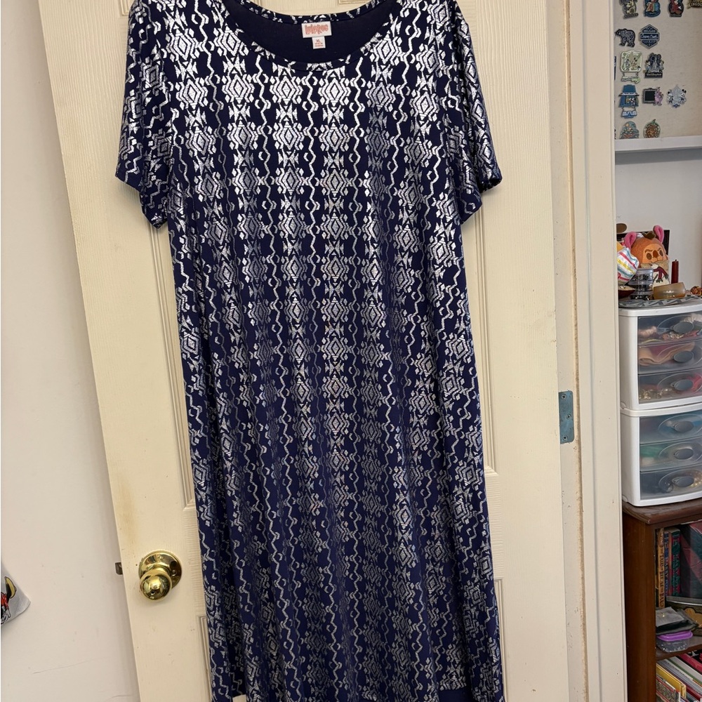 LuLaRoe Navy and Silver metallic Geometric Dress